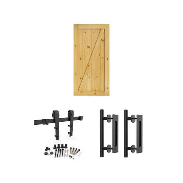 36 in. x 84 in. Knotty Pine Barn Door Slab, 72 in. Black Hardware Kit and 12 in. Black Handle Set (2-Pack)