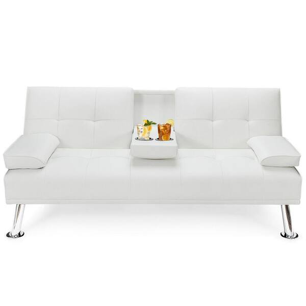 Forclover 66 In White Pu Leather, Leather Futon Couch Bed