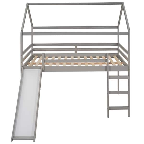 Qualler Gray Full Size Loft Bed House Bed with Slide