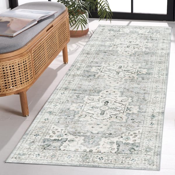 Arizona 3 ft. x 12 ft. Light Gray/Beige Machine Washable Distressed Border Ornate Runner Rug