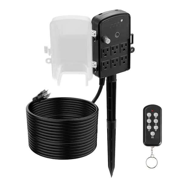 50FT. Outdoor Power Stake, Weatherproof Power Strip with Cover & Timer, 6 Outlets, 1875W/15A, Garden Lights Ready