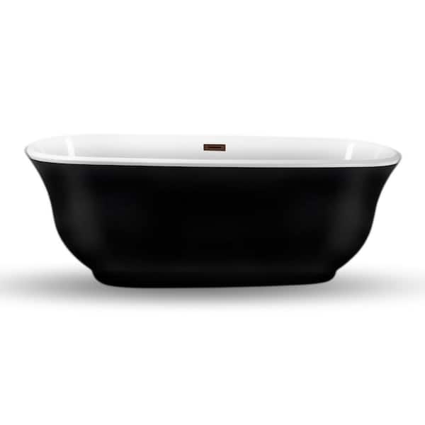 Streamline 67 in. Acrylic Flatbottom Non-Whirlpool Bathtub in Glossy Black with Matte Oil Rubbed Bronze Drain and Overflow Cover