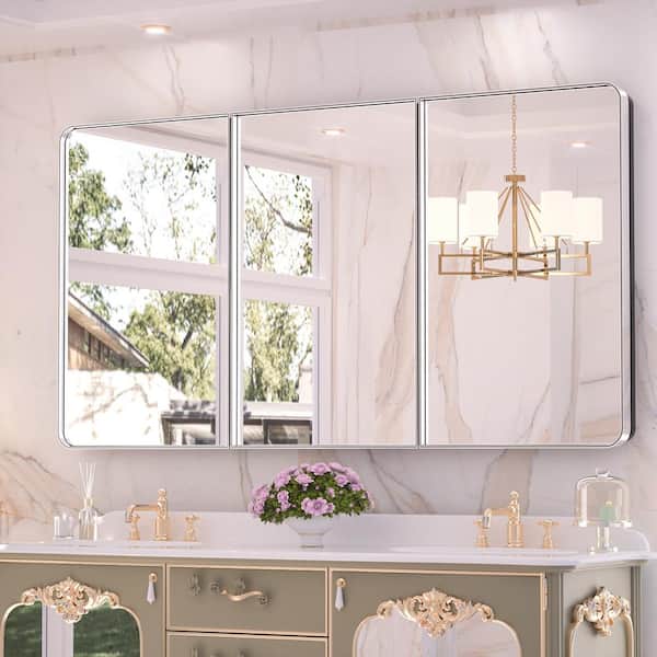KeonJinn 60 in. W x 32 in. H Rectangular Chrome Stainless Steels  Framed Recessed/Surface Mount Medicine Cabinet with Mirror
