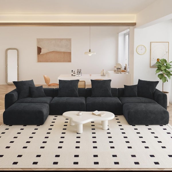 181 in. W Square Arm Corduroy Velvet U-Shaped Free Combination Sofa with Ottoman in. Black