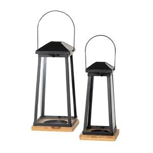 17.75 in. and 14.75 in. Black Metal and Wood Lantern Set of 2