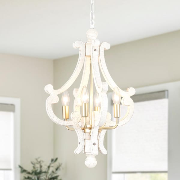 LWYTJO Eron 4-Light-Light Gold Orb Farmhouse Chandelier Rustic Antique Wooden White Shade French Country Kitchen Island Pendant
