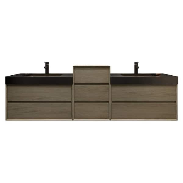 MIA 114 in. W x 20 in. D x 30 in. H Double Sink Middle Cabinet Bath Vanity in Coffee Wood with Black Stainless Steel Top