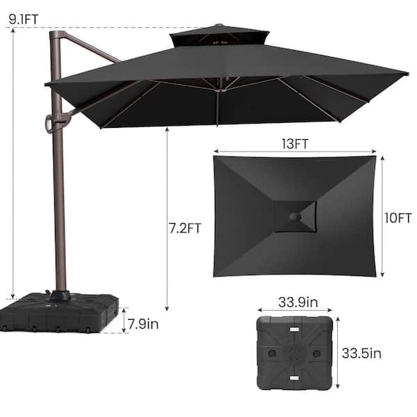 13 ft. x 10 ft. Patio Cantilever Umbrella in Black Double Top Tiltable Outdoor Offset Umbrella w/ 350 lb. Weighted Base