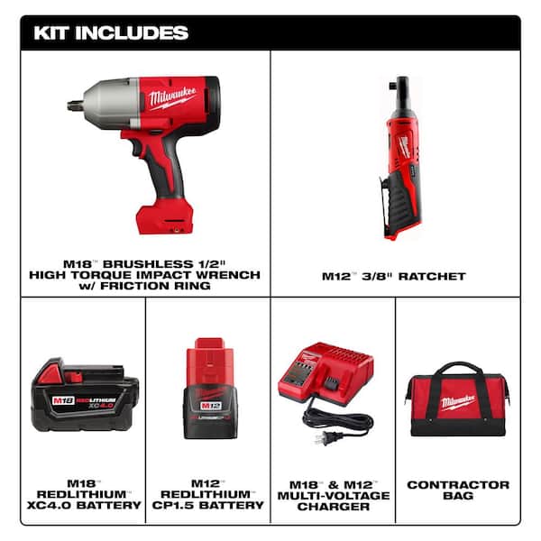 M12/M18 12/18V Lithium-Ion Cordless 3/8 in. Ratchet and 1/2 in. High Torque Impact Wrench with Friction Ring Combo Kit