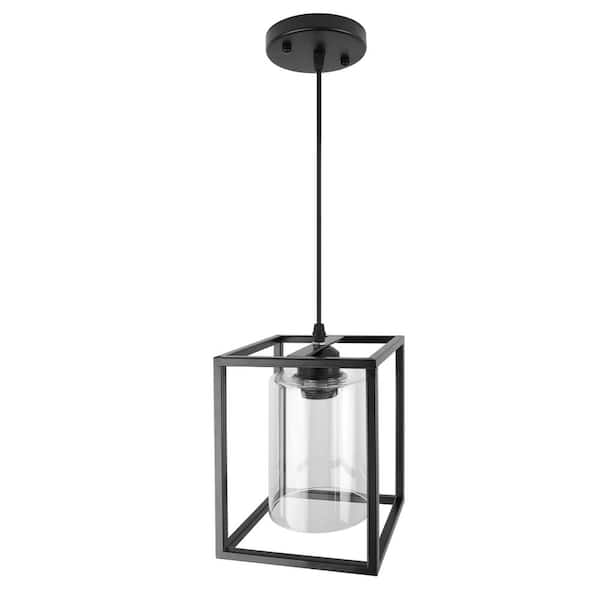 LamQee 1-Light Black/Glass Mini Pendant Light with Cage Shade for Living Room Bedroom Kitchen Farmhouse