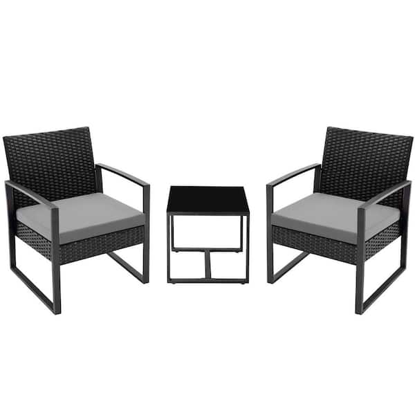 Alpulon 3-Piece Wicker Patio Conversation Set Bistro Furniture Set with Gray Cushions