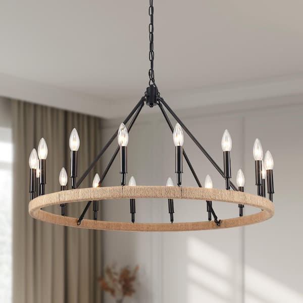 16-Light Black Hemp Rope Candlestick Wagon Wheel Chandelier Linear Chandelier Lighting for Kitchen Island