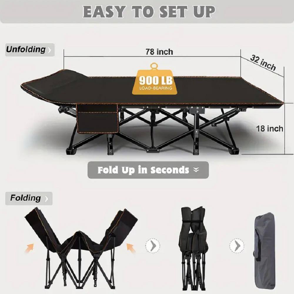 75 in. Black Aluminum Folding Camping Cot with Sponge Cushion