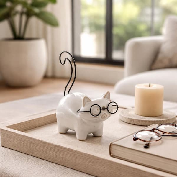 Black 6 in. x 5 in. Stoneware Novelty Standing Kitty Figurine with Glasses