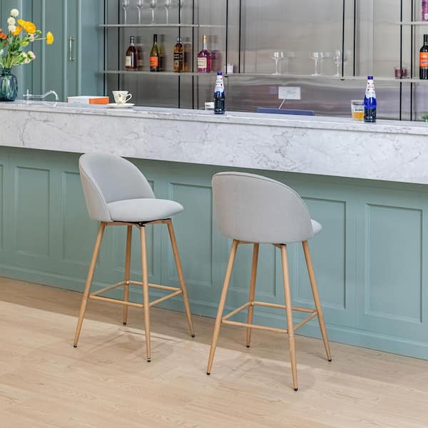 Homy Casa Haseeb 26 in. Modern Swivel Upholstered Counter Height Bar Stool with Curved Back Pebble Grey Fabric/Oak Legs (Set of 4)