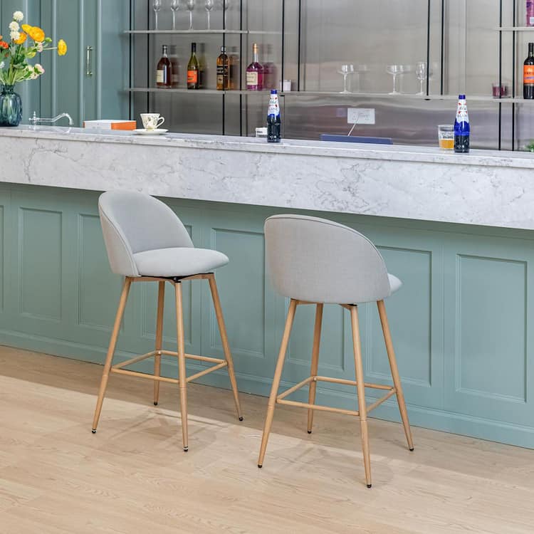 Homy Casa Haseeb 26 in. Modern Swivel Upholstered Counter Height Bar Stool with Curved Back Pebble Grey Fabric/Oak Legs (Set of 4)