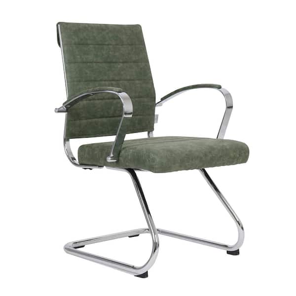 Leisuremod Benmar Office Chair Upholstered in Leather with Stainless Steel Sled Base in Green