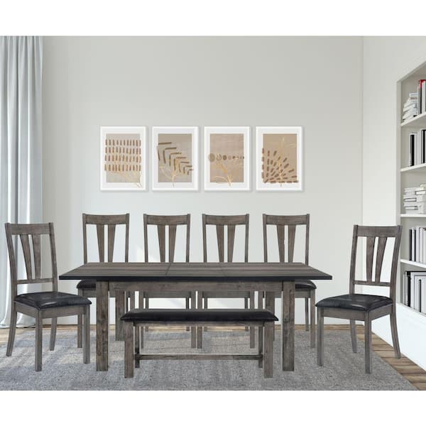 Hanover Bramble Hill 8-Piece Weathered Wood Gray Dining Set with Expandable Table 6-Faux-Leather Side Chairs and Bench