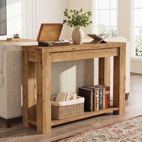 43 in. Brown Rectangle Solid Wood Console Table, Sofa Table with 2-Tier Storage for Entryway, Living Room
