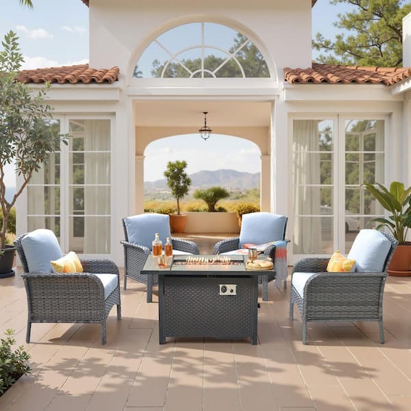 XIZZI Epoch 5-Pieces Wicker Outdoor Patio Rectangular Fire Pit Set with Gray Cushions