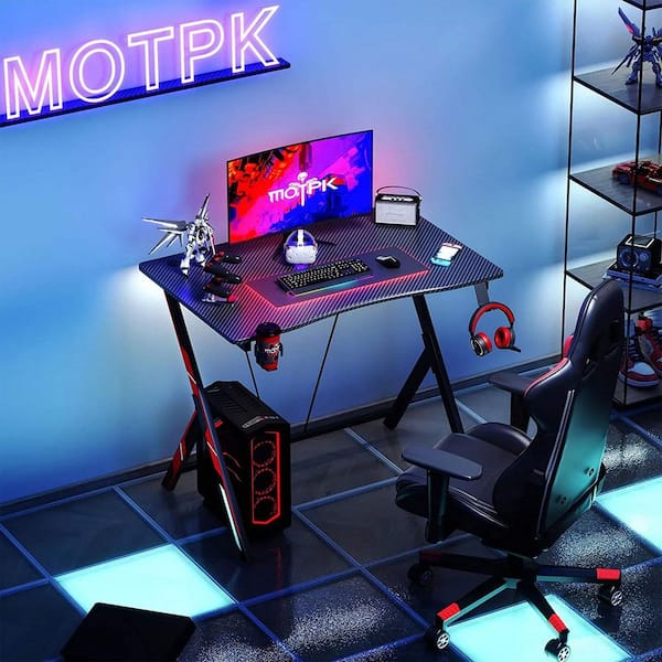 MOTPK Gaming Desk with LED Lights 39 Inch, Computer Desk with Monitor  Storage Shelf, Gaming Table with Carbon Fiber Surface, Gamer Desk with Cup