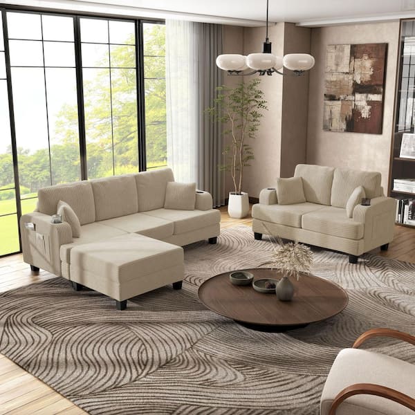 Kasin 3-Piece Beige Chenille Small Space Living Room Set with USB Ports and Cup Holders