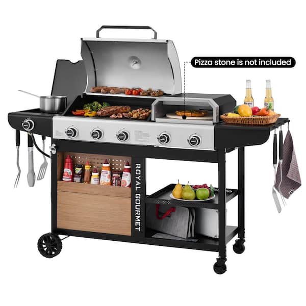 Premium Propane Gas Grill and Pizza Oven Combo with Side Burner, Silver & Black