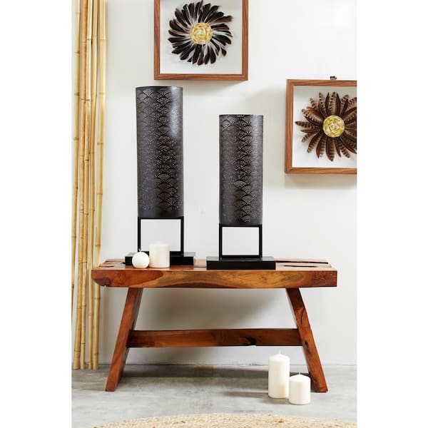 Litton Lane Modern Style Large Black Cylinder Metal Lantern Candle with Pierced Metal Boho Pattern on Metal Base