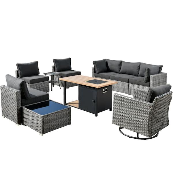 Sanibel Gray 10-Piece Wicker Patio Conversation Sofa Set with a Swivel Chair, a Storage Fire Pit and Black Cushions