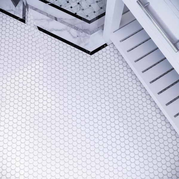 Porcetile Round White 11.58 in. x 12.41 in. Penny Matte Porcelain Mosaic Wall and Floor Tile (11 sq. ft./Case)