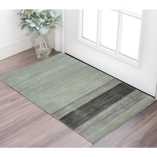 2 ft. x 3 ft. Gray And Light Green Wool Striped Hand Woven Area Rug