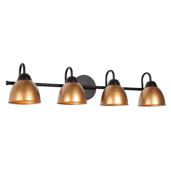 Modern 30 in. 4 Light Black and Gold Bell Bathroom Vanity Light Mid-Century Dimmable Wall Sconce with Metal Shade