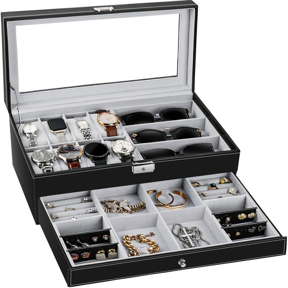 14.96 in. x 7.9 in. x 4.92 in. 2-Tier Black and Gray Watch Organizer with T