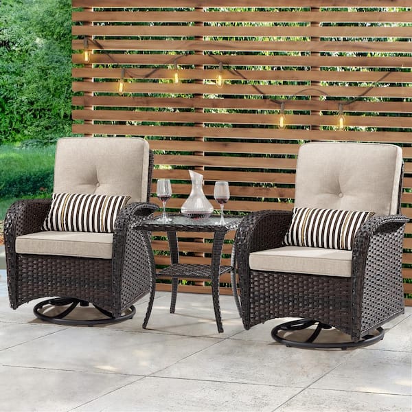 3-Pcs Dark Brown Wicker Outdoor Rocking Chair Patio Conversation Set Swivel Chairs with Beige Cushions and Table