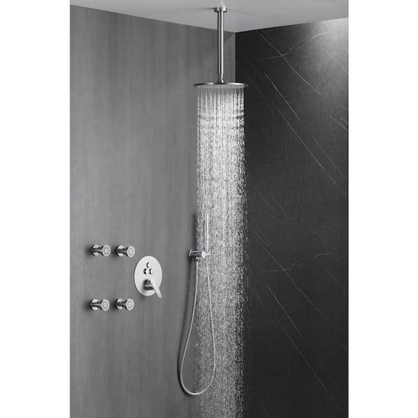 Vanfoxle Luxury Rainfall Single Handle 2-Spray Shower Faucet 1.8 GPM with Push Button Diverter and 4-Body Jets in Brushed Nickel