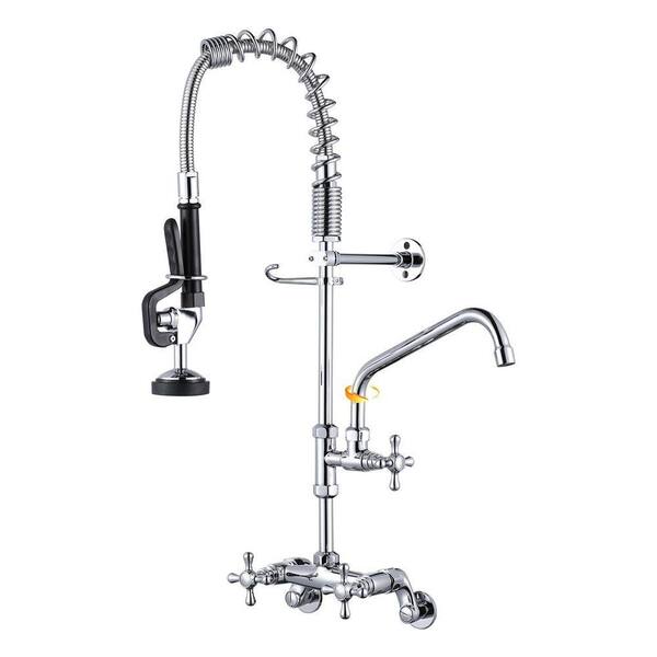 26 in. 3-Handle Wall-Mounted Kitchen Faucet with Pre-Rinse Sprayer, 360° Swivel Spout and Pot Filler in Polished Chrome