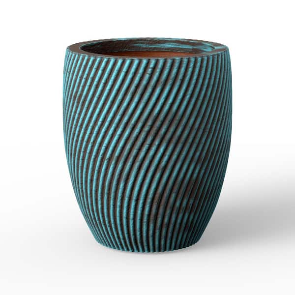 13 in. H Tall Concrete Flower Pot w/ Turquoise Stripes, Round Shape, Drainage Holes, Suitable for Indoor and Outdoor Use