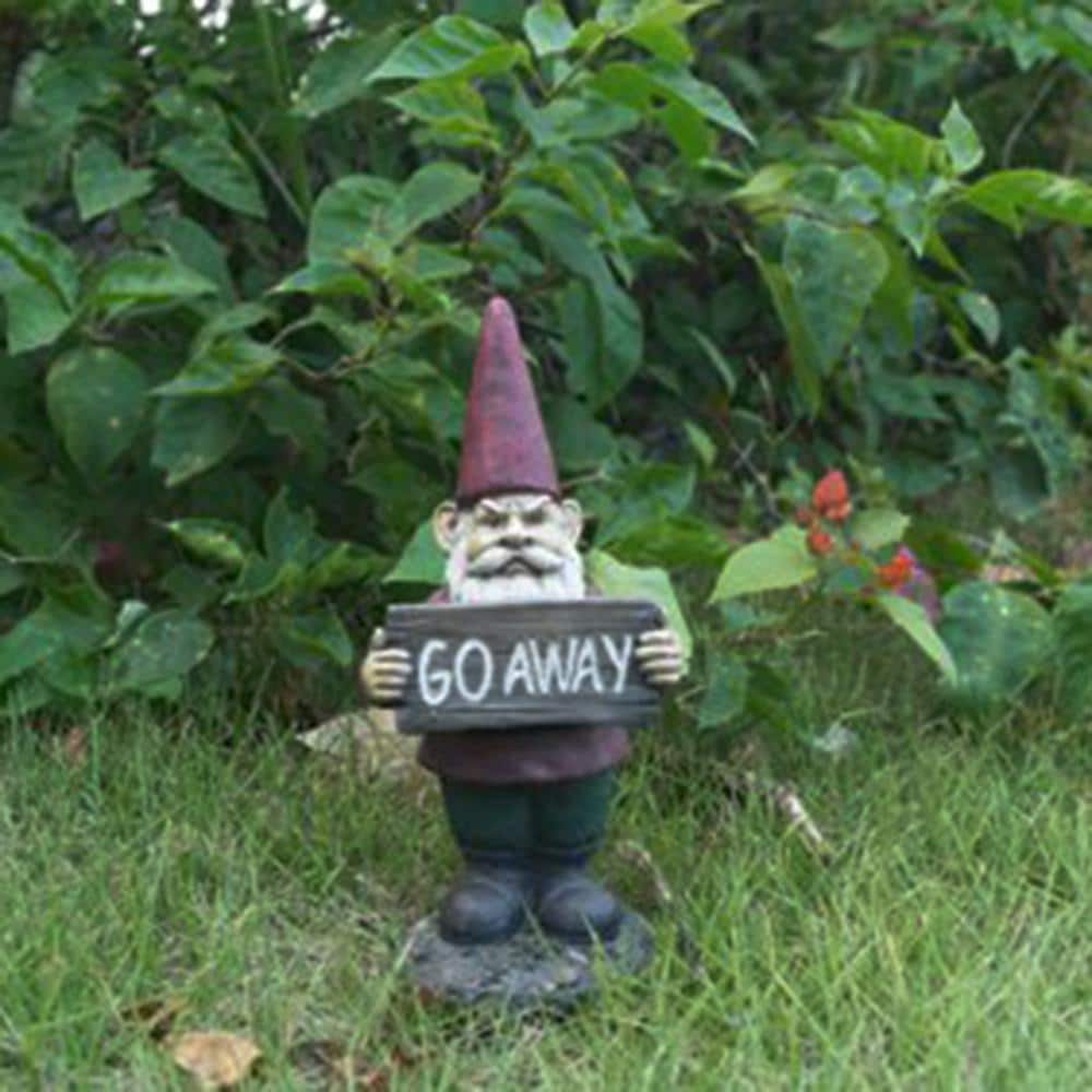 Red and Green Polyresin Gnome Garden Statue with Go Away Sign