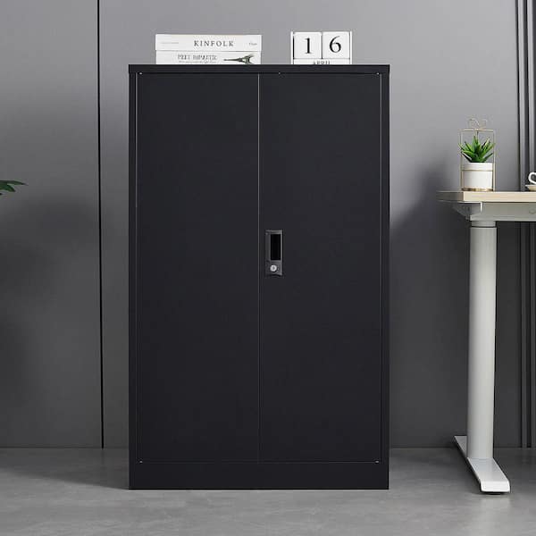 Black Metal Lockable Storage Cabinet with 2 Doors and 2 Shelves