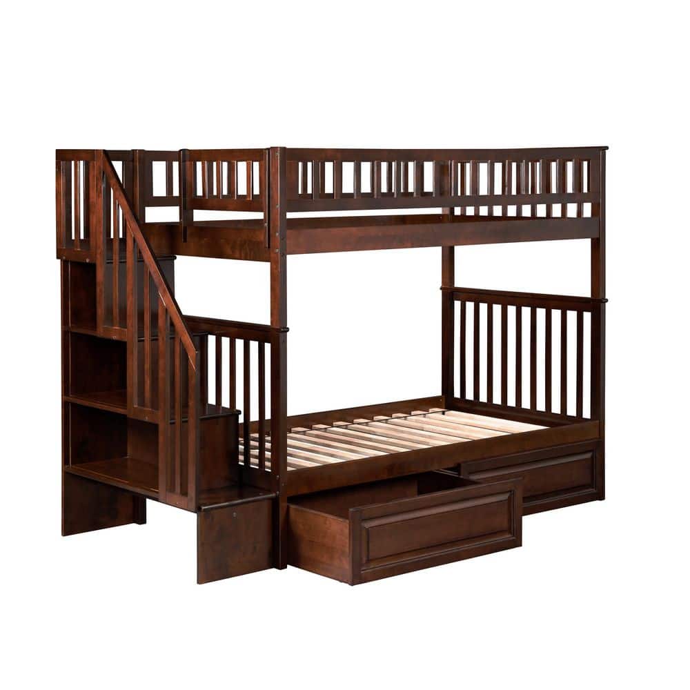 Walnut Twin Over Twin Bunk Bed with Staircase and Storage Drawers