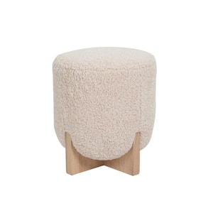 Cream and Natural Boucle Fabric Upholstered Round Ottoman with Wood Legs