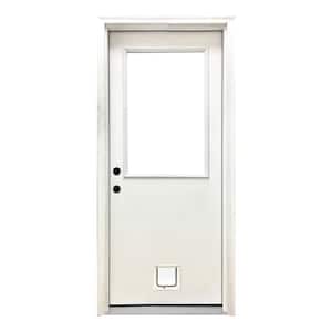 30 in. x 80 in. Reliant Series Clear Half Lite RHIS White Primed Fiberglass Prehung Back Door with Small Cat Door