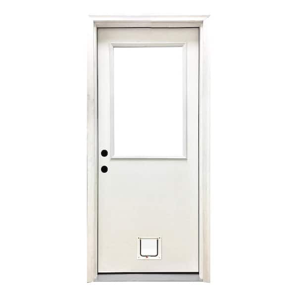 Steves & Sons 30 in. x 80 in. Reliant Series Clear Half Lite RHIS White Primed Fiberglass Prehung Back Door with Small Cat Door