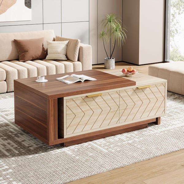 BYBLIGHT Kerlin 42.13 in. Beige&Walnut Modern Extendable Center Table with Storage, Rectangle Coffee Table for Living Room