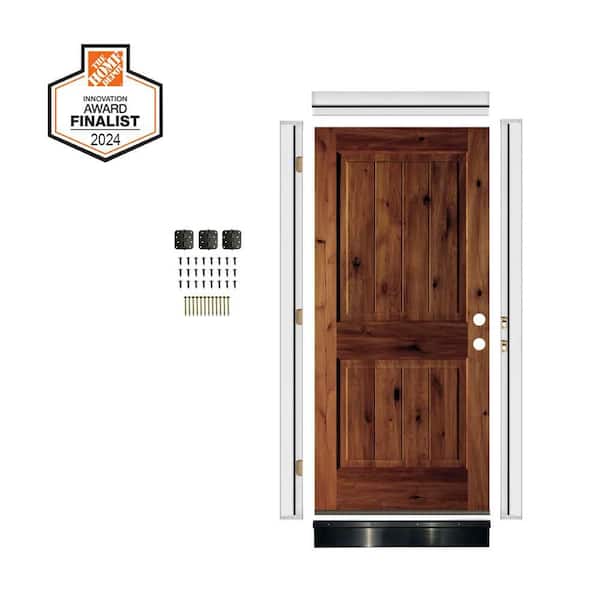 DIY 36 in. x 80 in. Knotty Alder Sq. Top VG Left-Hand Red Chestnut Stain Wood Front Door Kit w/ Quick Assemble Jamb