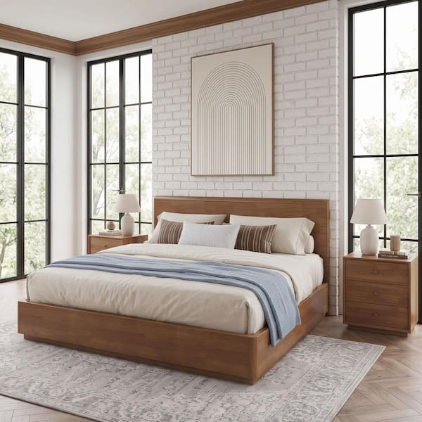 Modern Walnut Brown Wood Frame King Platform Bed with Headboard, Integrated Wood Bed Base