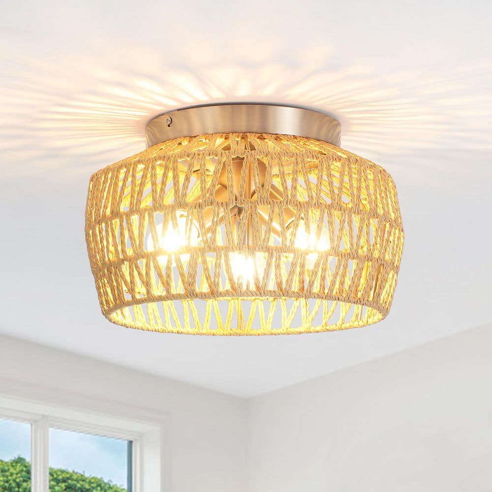 ZJVAIVE 12.6 in. 3-Light Satin Nickel/Brown Boho Rattan Semi Flush ...