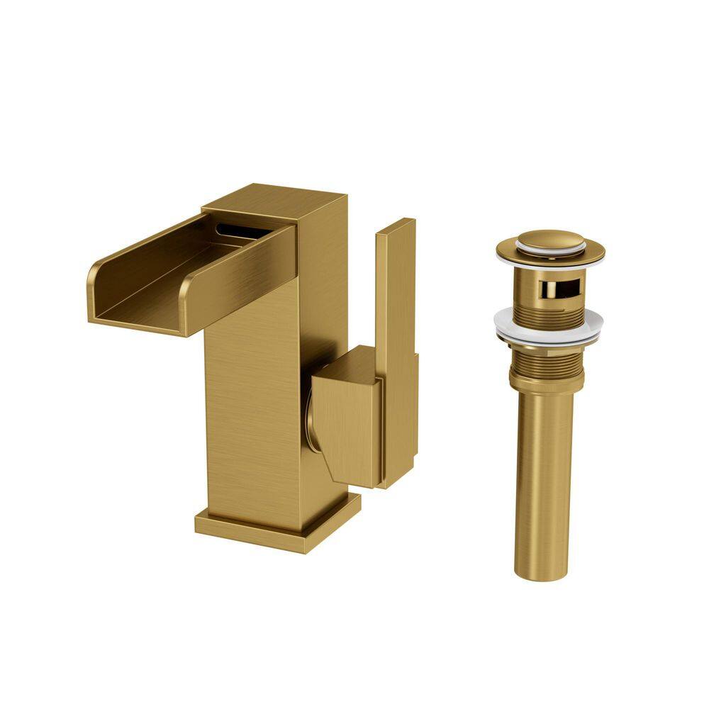 Single Handle Single Hole Bathroom Faucet with Waterfall Spout and Pop-up Drain in Brushed Gold (1-Pack) price history on PriceWatchPro