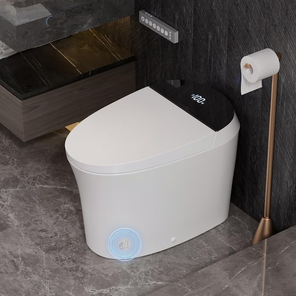 Elongated Electric Smart Bidet Toilet 1.08/1.45 GPF in White with Temp Display, Auto Dual Flush/Foot Sensor, Night Light