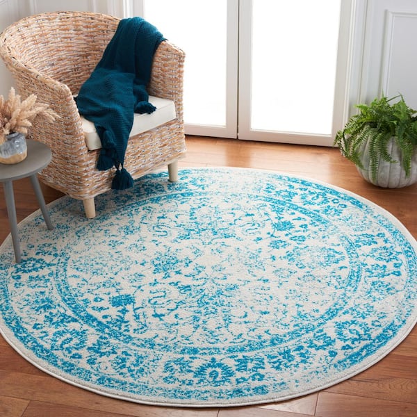 Adirondack Ivory/Teal 6 ft. x 6 ft. Border Distressed Round Area Rug